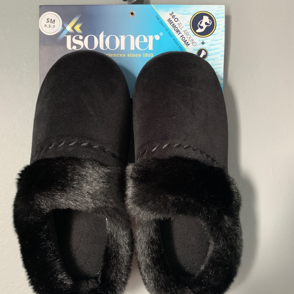Black furry slippers